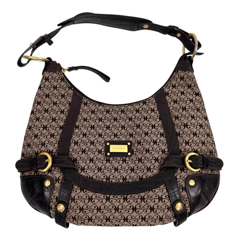 Coccinelle Ladybug Logo Crescent Shoulder‎ Bag Y2K Monogram Hobo Leather Croc